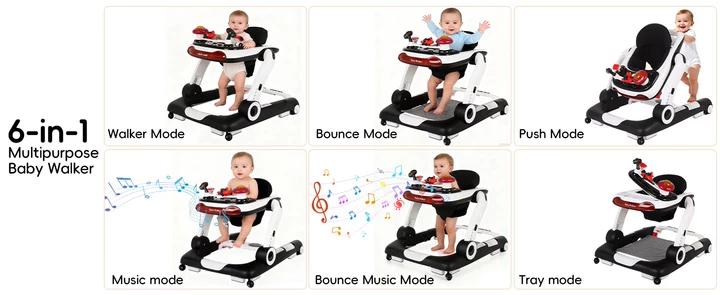 SCITOO 6-in-1 Baby Walker, Foldable Activity Walker with Adjustable Height & Speed, Music, Lights, Anti-Rollover, Toddler Push Walker, Baby Walker with Wheels for Boys & Girls 6-18 Months