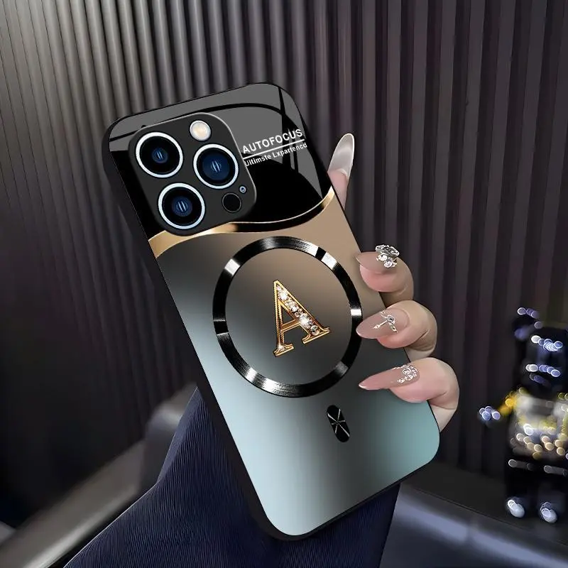 Suitable for [iPhone 13 Pro Max] high-end MagSafe phone case🥰, Features a magnetic attachment function Luxury Gradient Metallic Bling Rhinestone 26 Initial 952