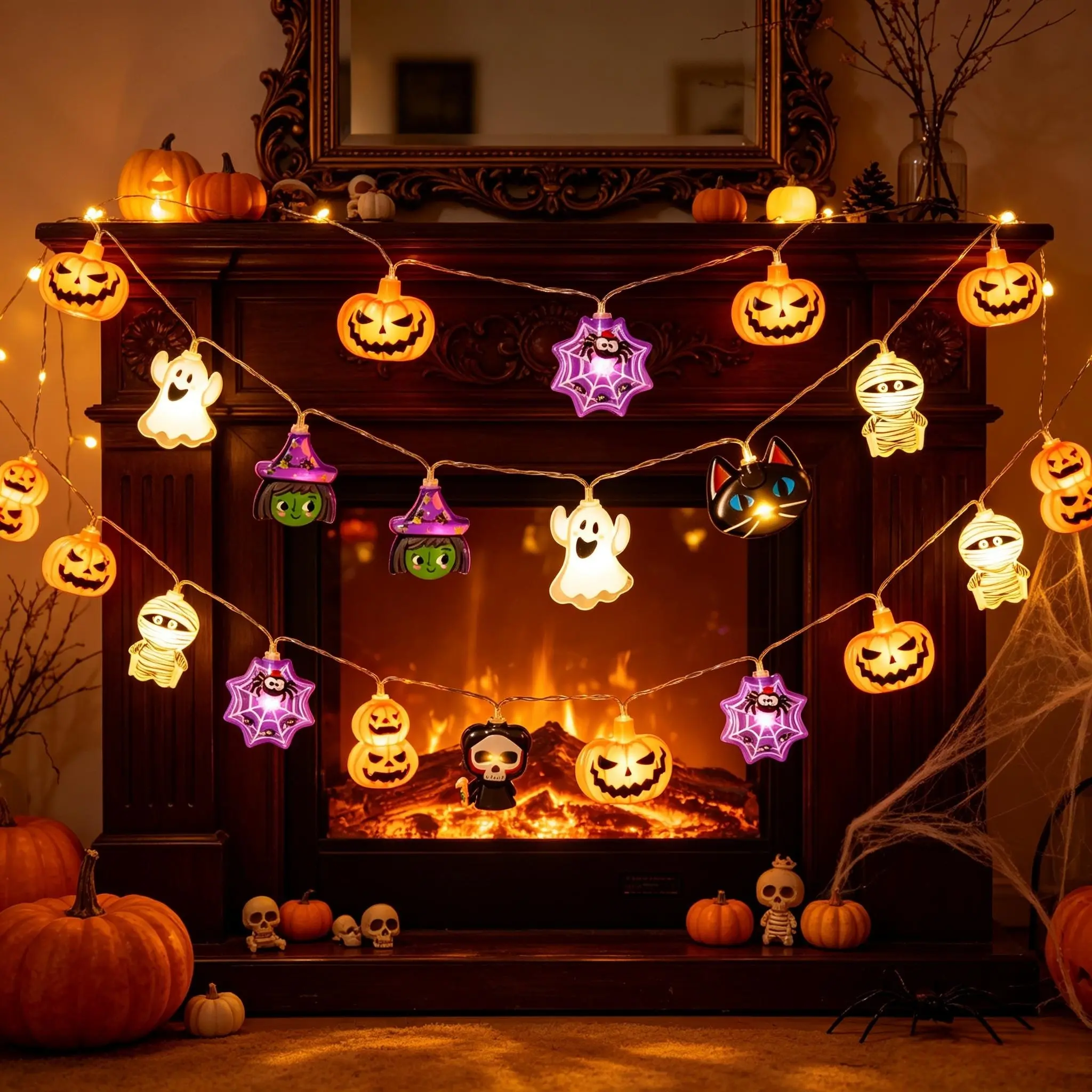 Halloween Battery-Operated PVC Cord Glowing LED String Lights Pack - 10FT 20 LED Soft Warm Cartoon Icons, Spooky Decor with Pumpkin, Ghost, Mummy, Spider, Black Cat, Witch, Skeleton, Indoor/Outdoor Party Home Gift (Pouch Pack Included)