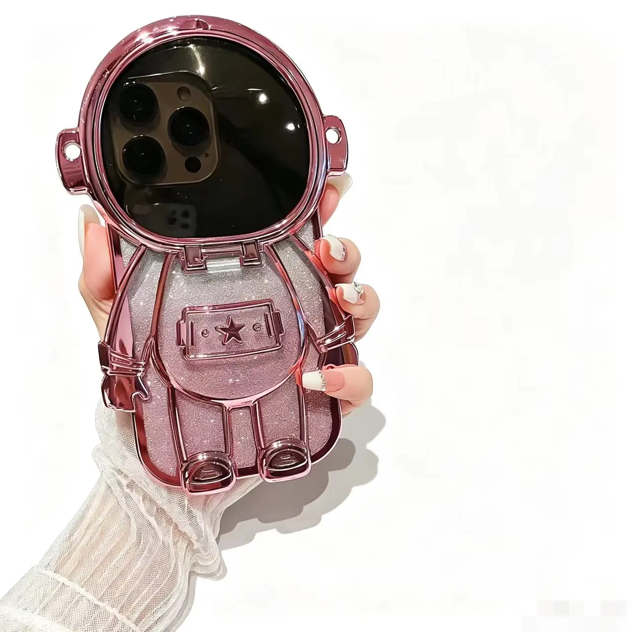 Phone Case - 1pc Plated Astronaut Phone Case with Lanyard, Body Style, Built-In Shimmering Mirror, Adjustable Stand, Full Coverage Anti-Drop And Wear-Resistant, Sparkling Creative Design, New Individual Style Iphone Case