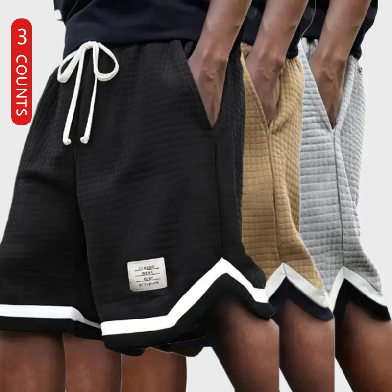 Men’s 3-piece casual shorts set, regular fit, practical pockets, stylish and minimalist design, elastic drawstring waistband and durable fabric, suitable for summer outdoor leisure, walking,  activities versatile solid color Breathable Waffle Men's Knit