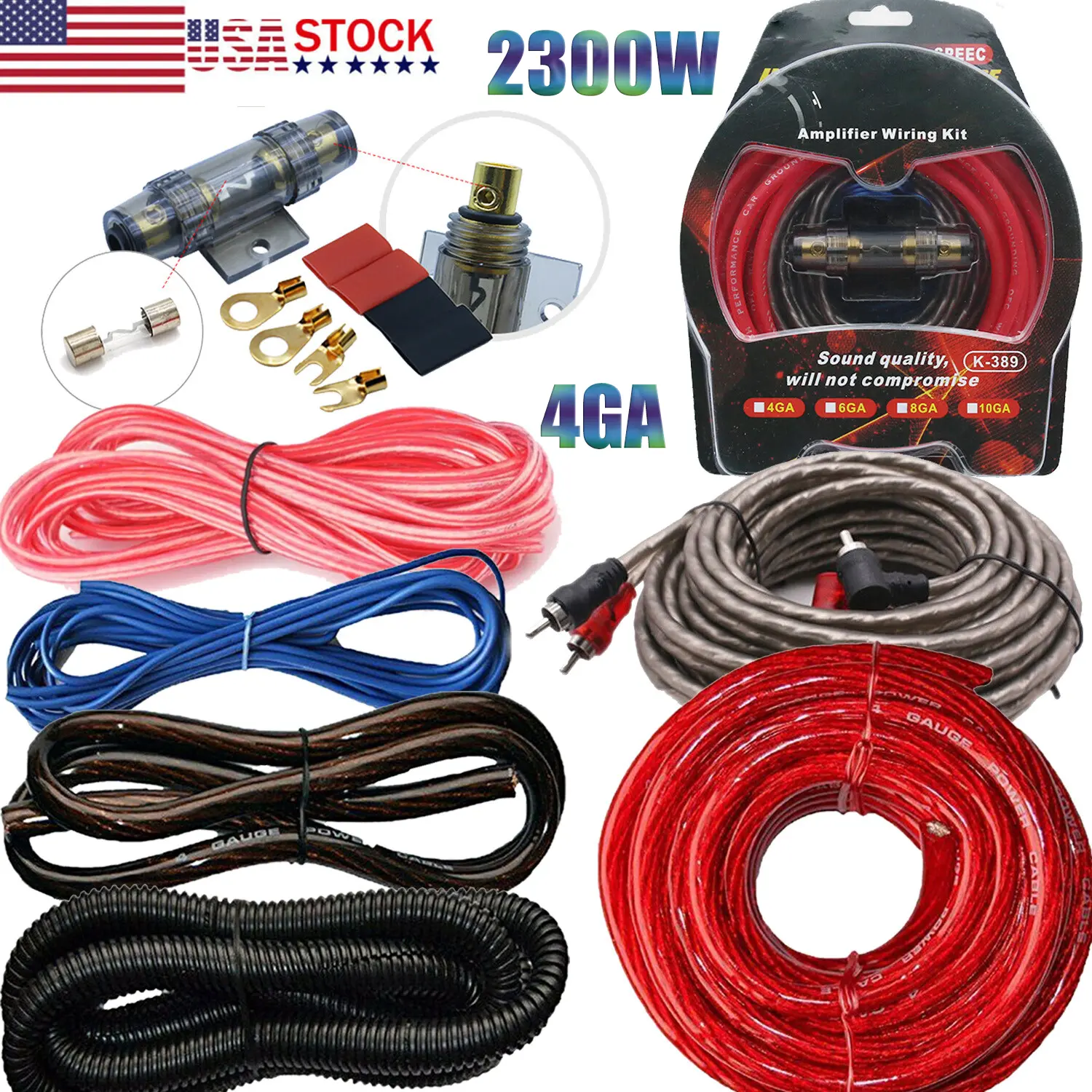 4 Gauge Car Amplifier Wiring Kit for Up to 2000W Systems | Includes 15ft CCA Power Wire, RCA & Speaker Cables | Complete OFC Kit for Universal Car Audio & Subwoofer Upgrade Ground Wire Installation Accessories