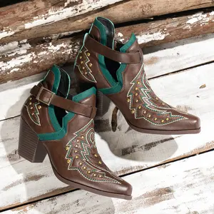 Cowgirl Vibes! Black Studded Western Boots | Chunky Heel Pointed Toe Ankle Boots