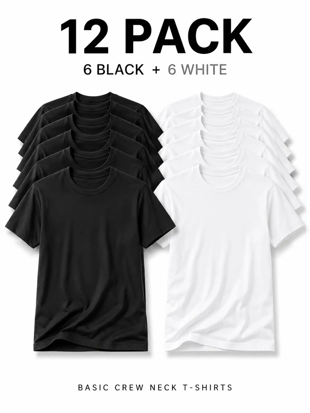 Men's 12-Pack Unisex Vintage Retro Round Neck Cotton Graphic Shirts, Blank Drop Shoulder Short Sleeve Fashion Streetwear Top, Loose Fit, 6 Black+6 White Basic Oversized Tee