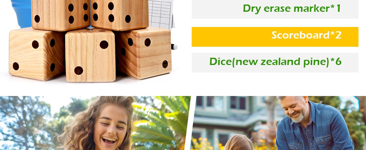 (Summer Turn-Up)Ropoda Giant Wooden Yard Dice Set - 3.5" Dice, Double Sided Scoreboard, Water Resistant, Collapsible Bucket, Dry Erase Marker - Perfect for Outdoor Games, BBQs, Beach, and Grad Parties, Summer Turn Up & Father's Day Deal