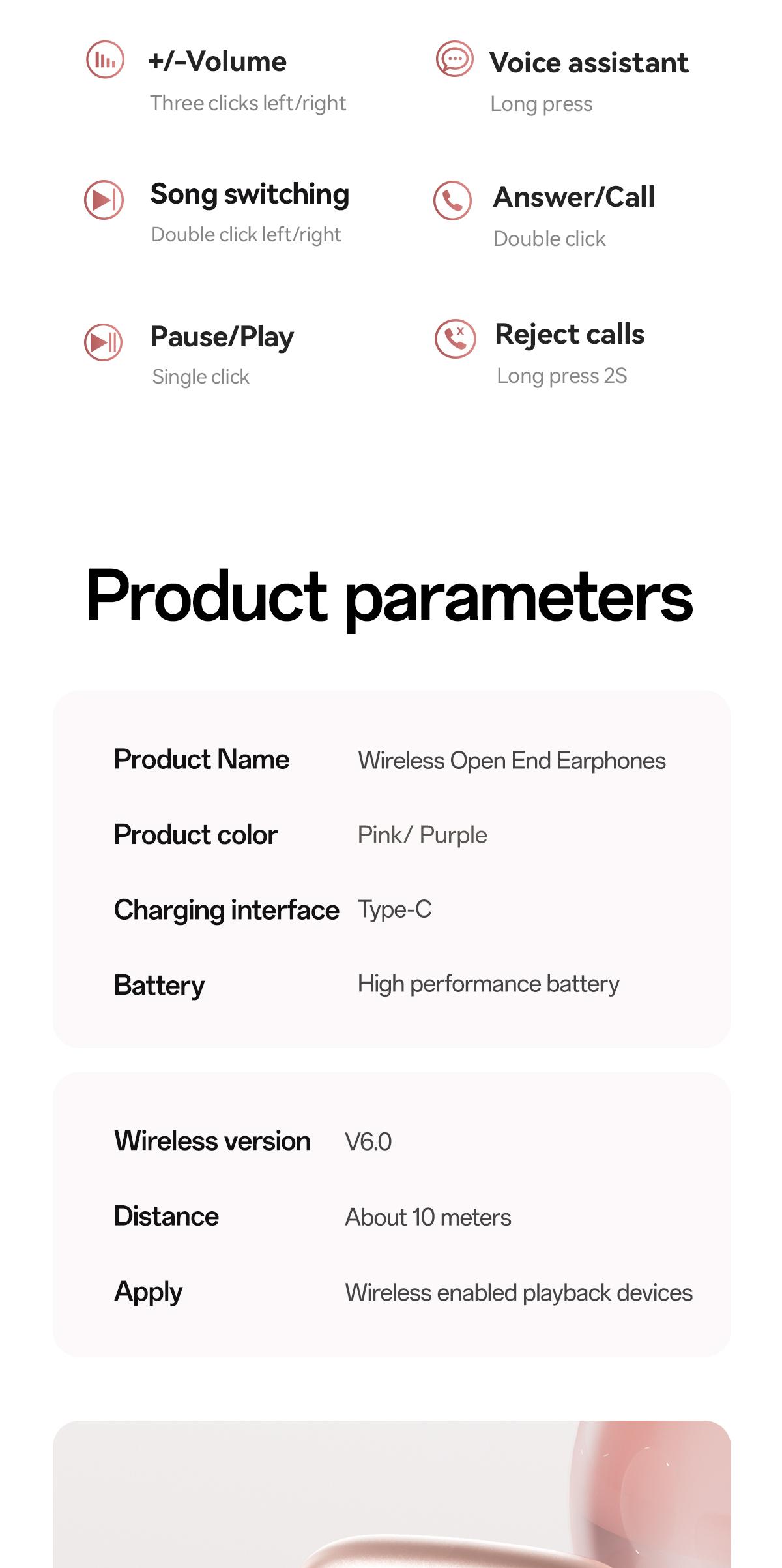 CHENRUIDA M106 Women's Headphones with Dynamic Stereo Earbuds ENC Call Noise Reduction IPX7 Waterproof 360° Panoramic Sound Ear Clip Earphones Comfortable Fit pink head phones