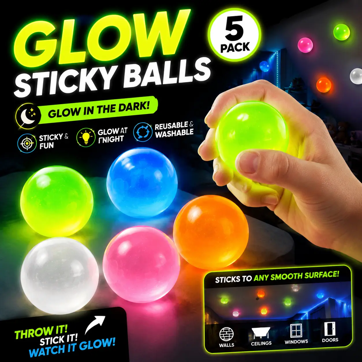 Glow Sticky Balls, 5-Pack Glow-in-the-Dark Sticky Wall Balls for Ceiling & Walls, Sensory Fidget Toys, Reusable Night Play Toy for Kids