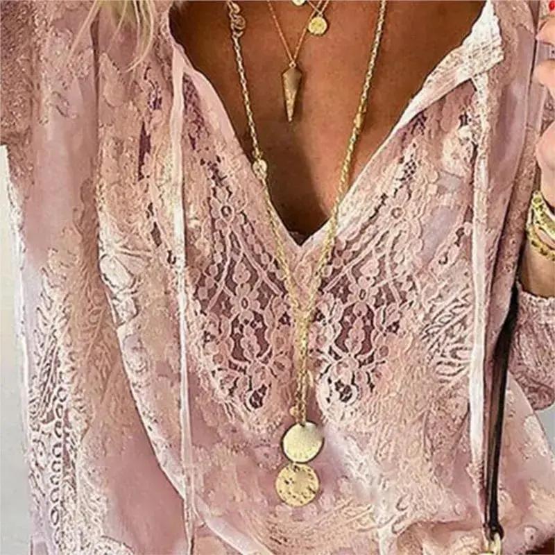 2026 blouse Women's Blouses Spring Summer Fashion Boho Lace Hollow Out Deep V Neck Pullover Shirt Women Elegant Casual Blouse Female Tops White Formal women's summer outfits Fabric Soft Womenswear Chic