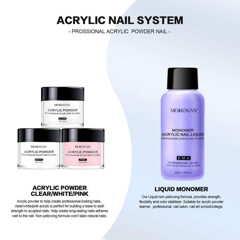 Acrylic Nail Kit: Clear Pink White Powder and Professional Liquid Set for Nail Extension - DIY at Home With Brush for Beginners