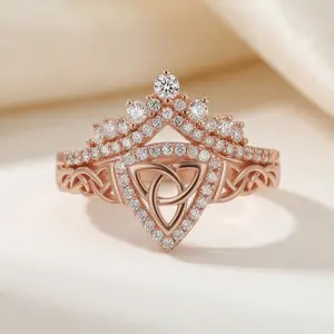 925 Sterling Silver Celtic Trinity Knot Crown Ring, Rose Gold Tone Triquetra with CZ Pave Halo & Braided Band, S925 Stamp, Stackable Witchy Pagan Wicca Jewelry, Gift for Women, Irish Celtic Symbol Ring