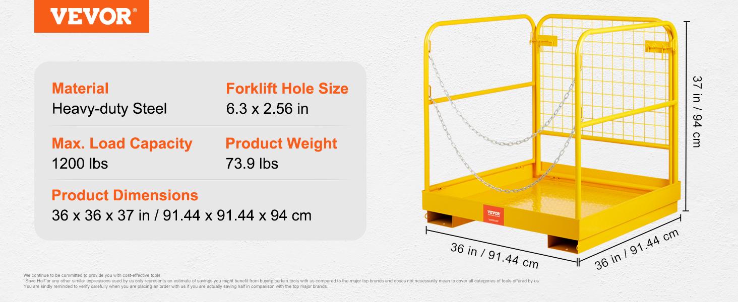 VEVOR Forklift Safety Cage, 1200 lbs Load Capacity, 36 x 36 inches Folding Forklift Work Platform with Lockable Swivel Wheels, Drain Hole & Device Chain, Holds 1 to 2 Adults, Perfect for Aerial Work