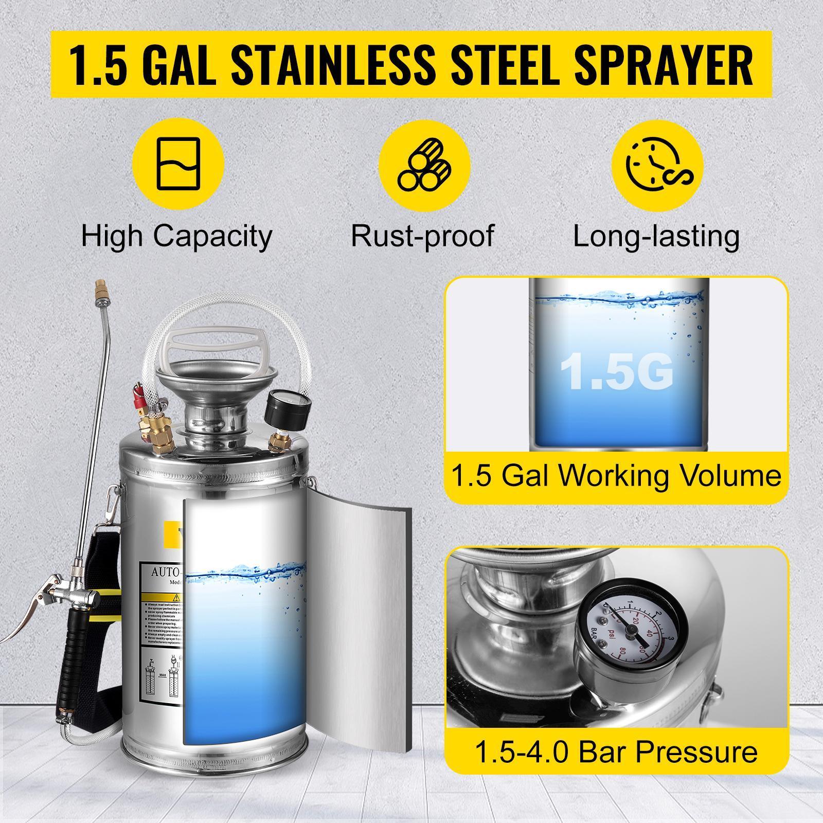 VEVOR Stainless Steel Sprayer, TikTokShopBlackFriday, Set with Wand& Handle& Reinforced Hose, Hand Pump Sprayer with Pressure Gauge&Safety Valve, Adjustable Nozzle Suitable for Gardening& Sanitizing