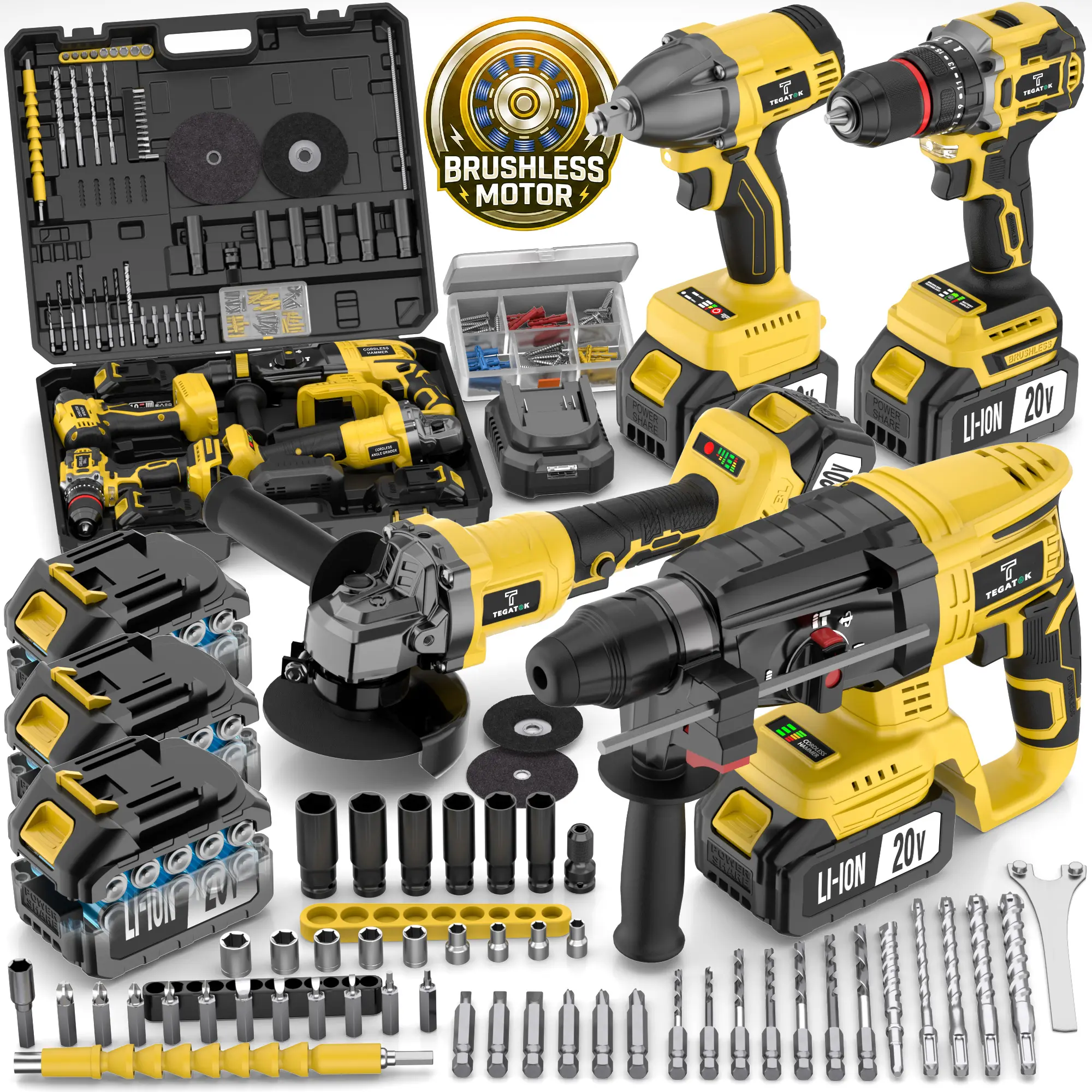 【DealsForYouDays】4-in-1 Brushless Cordless Power Tool Set: Electric Rotary Hammer,Cordless Drill, Cordless Angle Grinder & Impact Wrench - Heavy Duty Combo Kit with 3x 4.0Ah Batteries for Construction& Metal Fabrication,Perfect Tools Set for DIYers