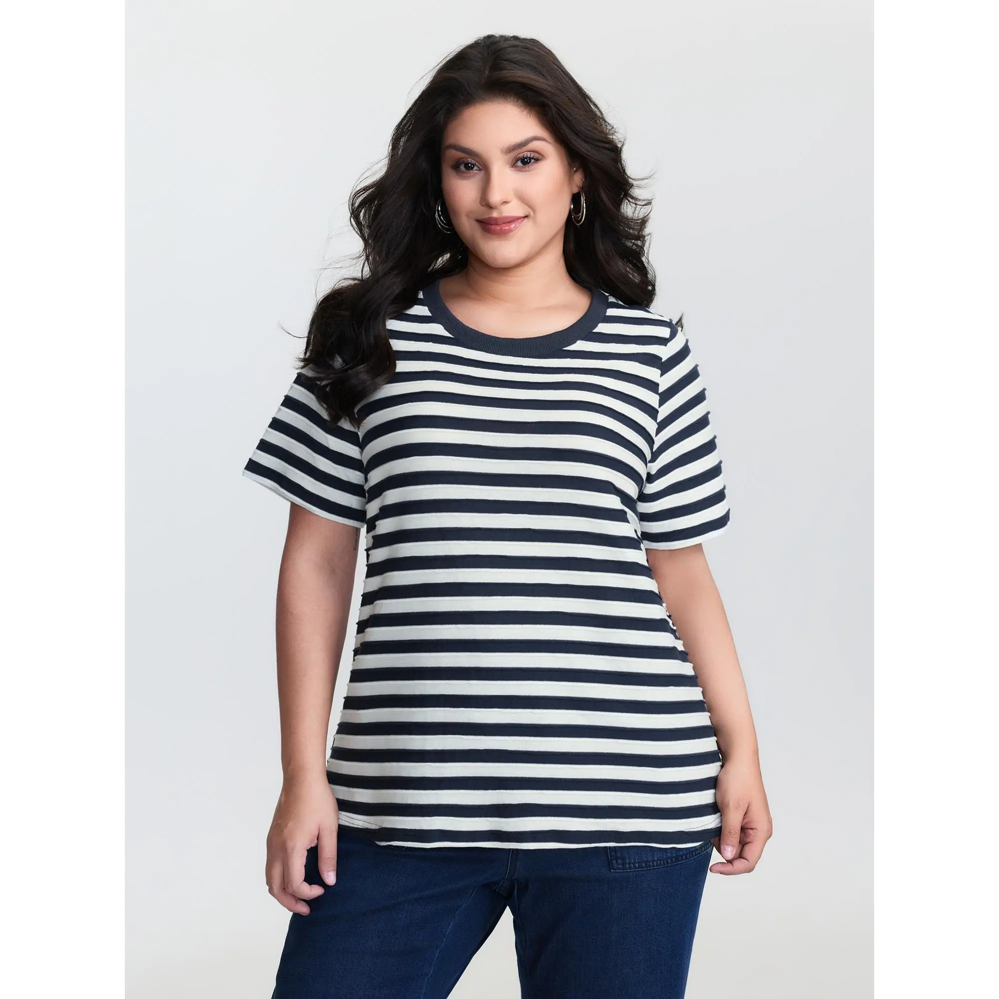 【Summer Turn-Up】BLOOMCHIC Plus Size Striped Print Ribbed Round Neck T-Shirt [M-6X] 2026 Summerfinds  Fit Top Womenswear Fabric