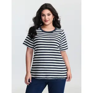 【Summer Turn-Up】BLOOMCHIC Plus Size Striped Print Ribbed Round Neck T-Shirt [M-6X] 2026 Summer Vibes Swimweek