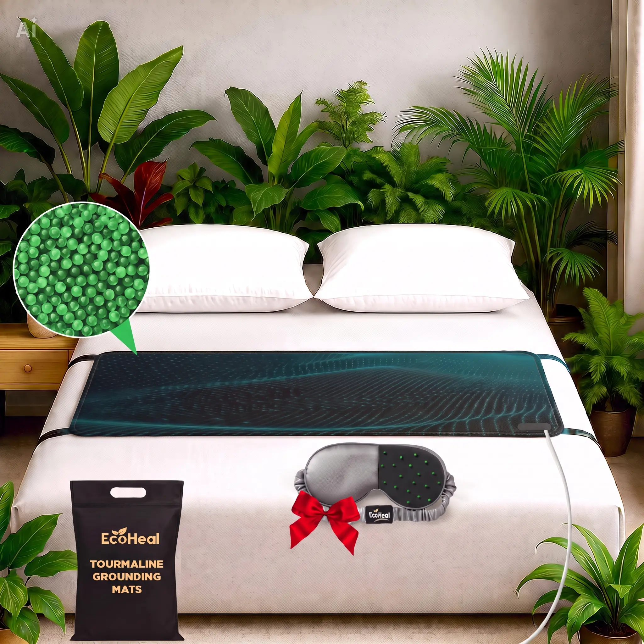 Luxury Tourmaline Grounding Mattress Pad with PU Leather, Silver-Infused Sleep Mask, Breathable Design, Breathable Mattress Pad