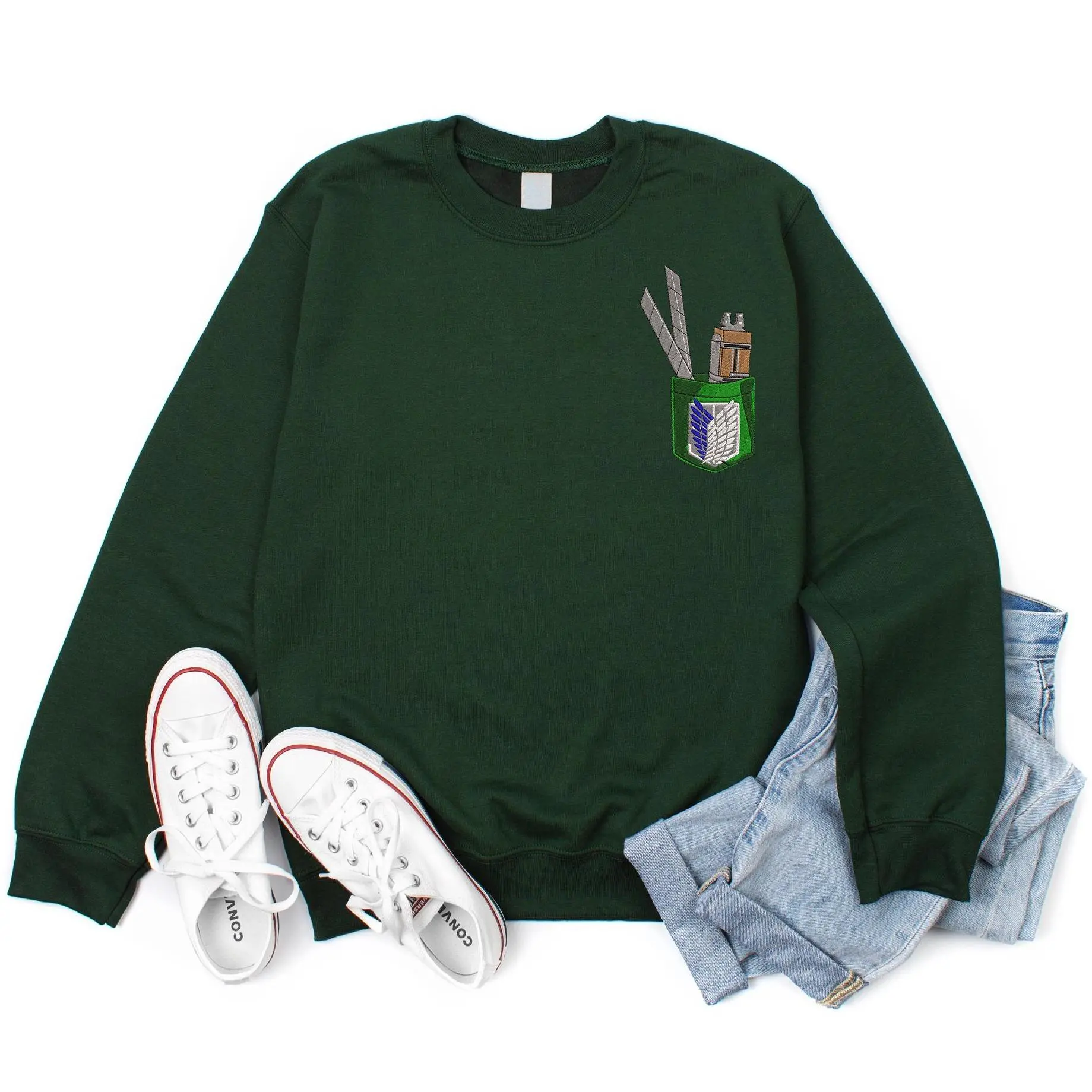 Attack On Titan Embroidered Sweatshirt, Scout Regiment Pocket Crewneck, Anime Embroidery Sweater, AOT Gift For Anime Fans