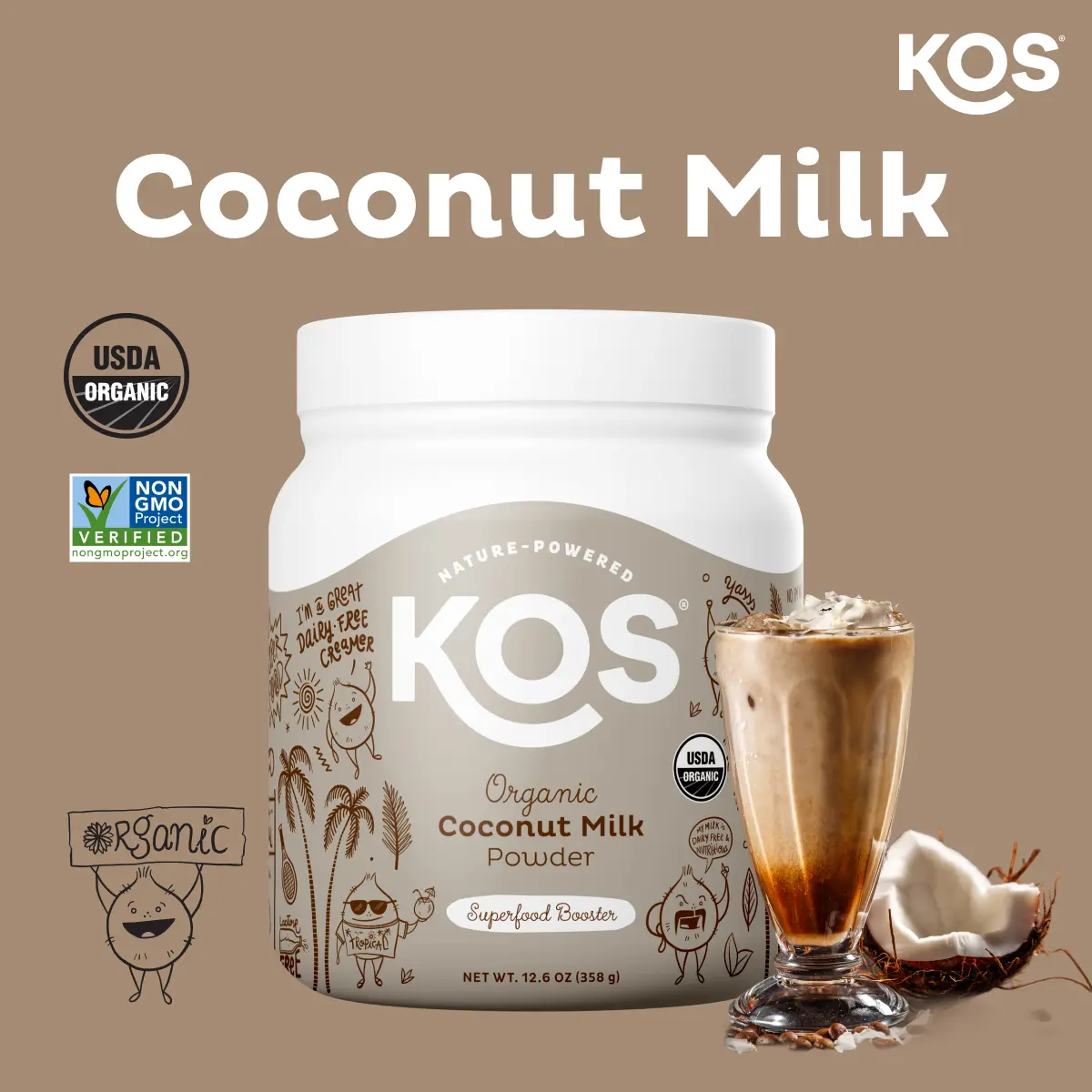 KOS Organic Creamy Coconut Milk Powder, USDA Certified Organic - 0g Sugar, MCT Plant Based Creamer for Coffee, Smoothies, Vegan, Keto, Paleo Friendly, Non-GMO, Gluten or Dairy- 12.6oz, 179 Servings
