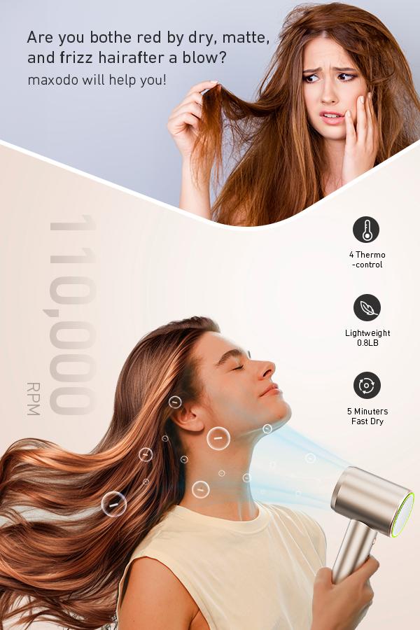 Maxodo 1400W High-Speed Hair Dryer with Ion Technology & Brushless Motor for Salon-Quality Drying 110,000 rpm 200 Million Ions Healthy Shine 360° Diffusers Maxodo 1400W High-Speed Hair Dryer with Ion Technology & Brushless Motor for Salon-Quality Drying 110,000 rpm 200 Million Ions Healthy Shine 360° Diffusers