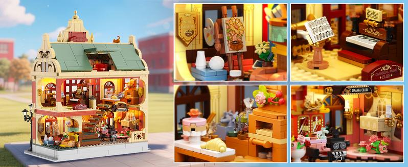 University Club House Building Set with Light,1629PCS City Campus Architecture Model with Painting Drama Baking Music Club, Home Decor Construction Building Block Gift for Adults Boys Girls 12+