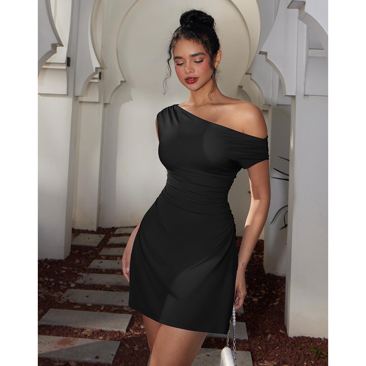 HYZ Women's Summer Off Shoulder Trendy Ruched Stretch Bodycon Cocktail Party Flare Mini Dress HYZ Women's Summer Off Shoulder Trendy Ruched Stretch Bodycon Cocktail Party Flare Mini Dress