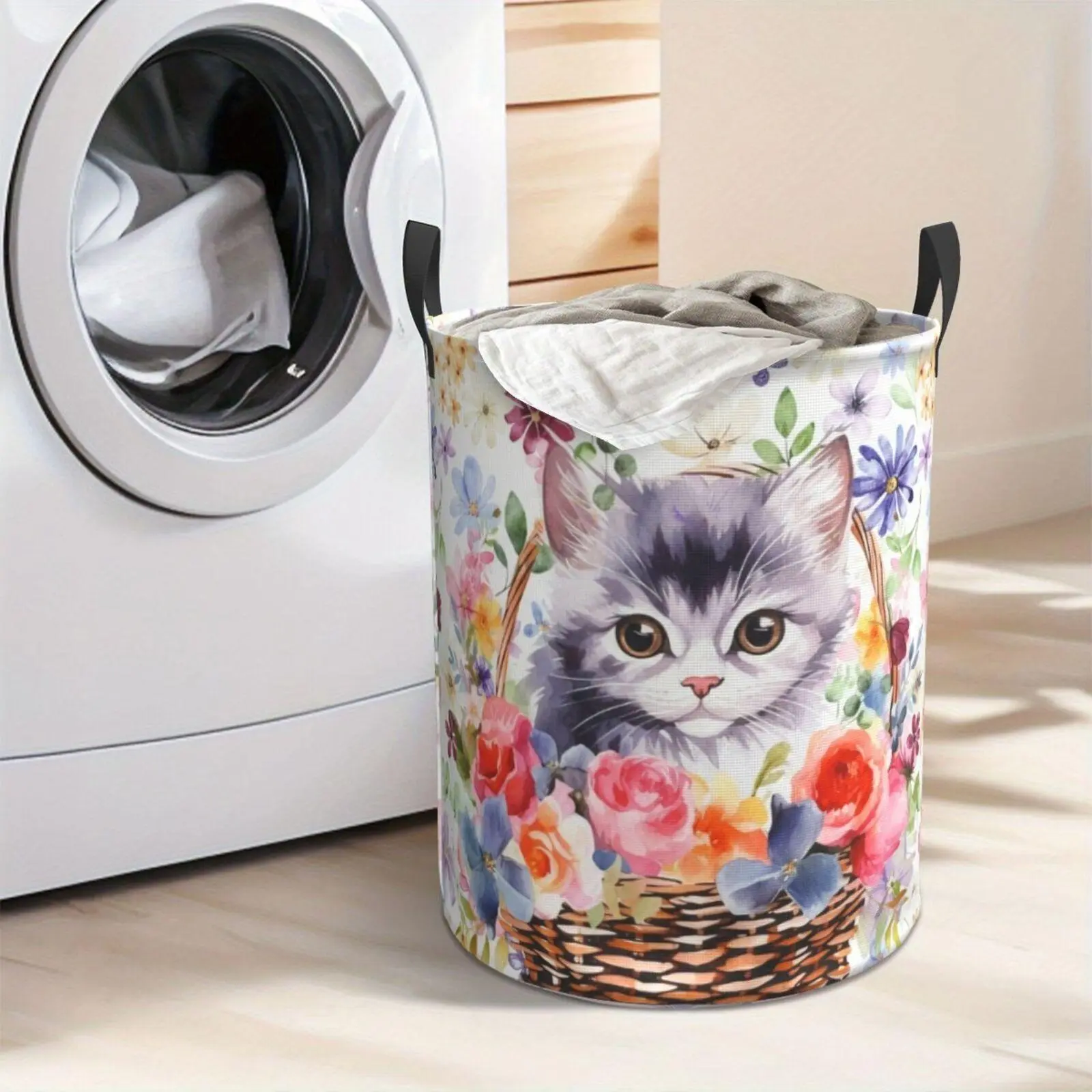 Cute Kitten in Flowers Laundry Hamper  Portable Storage Hamper with Sturdy Handle， Oxford Cloth， Easy to Store and Collapsible Design， Laundry Baskets