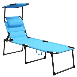 Outsunny Outdoor Lounge Chair, Adjustable Backrest Folding Chaise Lounge, Cushioned Tanning Chair w/Sunshade Roof & Pillow Headrest for Beach, Camping, Hiking, Light Blue