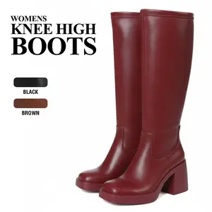 Womens Knee High Boots Square Toe Platform Block Heel Fashionable Side Zipper Comfy Outdoor Club Events Party Office Winter Boot Shoes