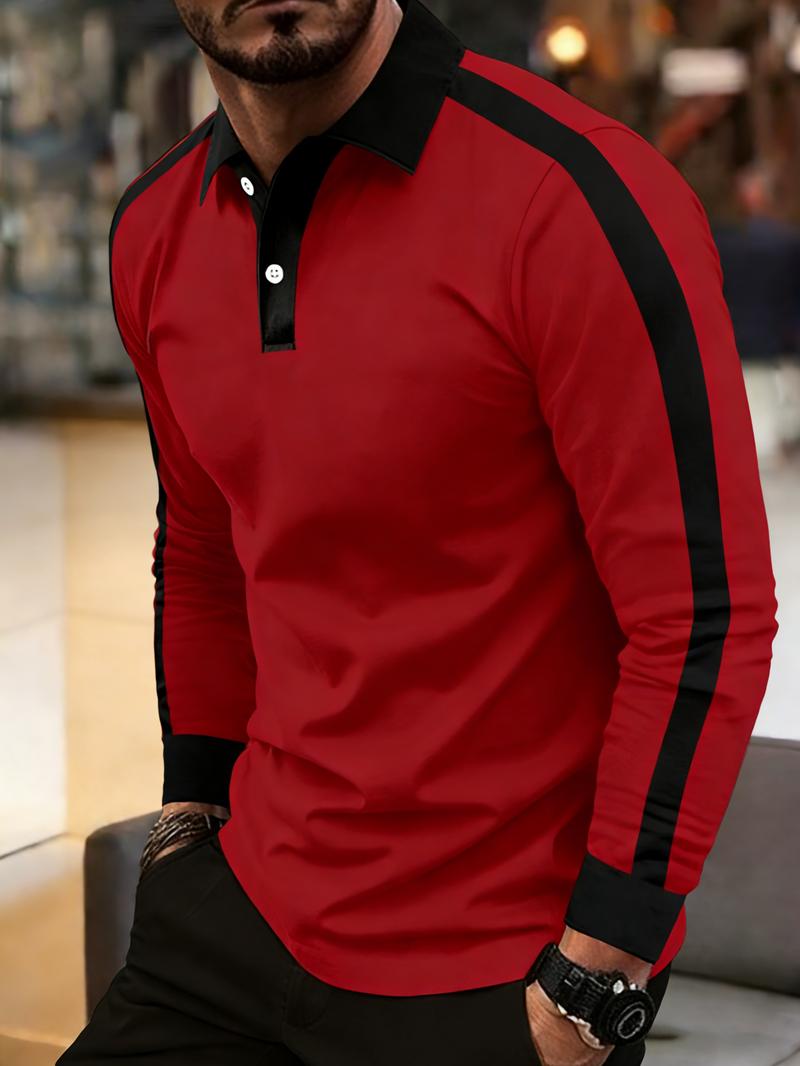 2026 Men's slim-fit long-sleeve polo shirt, made from soft and comfortable fabric, featuring a red and black contrast double-button collar, color-blocked cuffs, and side stripe accents, perfect for everyday wear and casual styling.