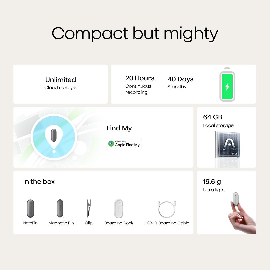 Plaud NotePin Voice Recorder,AI Voice Recorder, App Control, AI Notetaker, AI Transcribe & Summarize Support 112 Languages, 64GB Memory, Audio Recorder for Lectures, Meetings