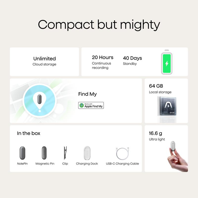 Plaud NotePin Voice Recorder,AI Voice Recorder, App Control, AI Notetaker, AI Transcribe & Summarize Support 112 Languages, 64GB Memory, Audio Recorder for Lectures, Meetings