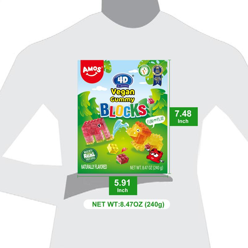 Amos Vegan Gummy Blocks - Watermelon, mango, pineapple and strawberry Flavors - 4D  Gummy Building Kit - 6 Resealable Packs - 8.47oz Total - Fun Healthy Snack