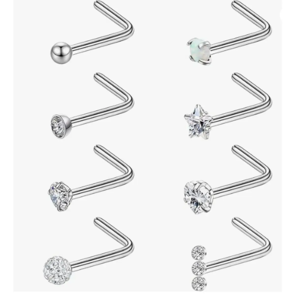 Unisex 8-Piece Safety Nose Piercing Set, 20g Low Allergenicity Stainless Steel L-Shaped & Non Threaded Push-In Flat Back Studs with Cubic Zirconia Star, Fade Resistant for Everyday Wear