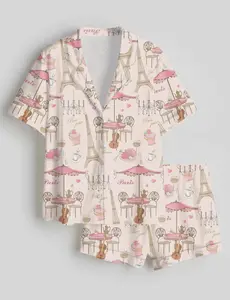 Paris Café Pajama Set for Women – Cute Eiffel Tower Print Short Sleeve Button-Up Sleepwear, Cozy French-Inspired Loungewear Gift