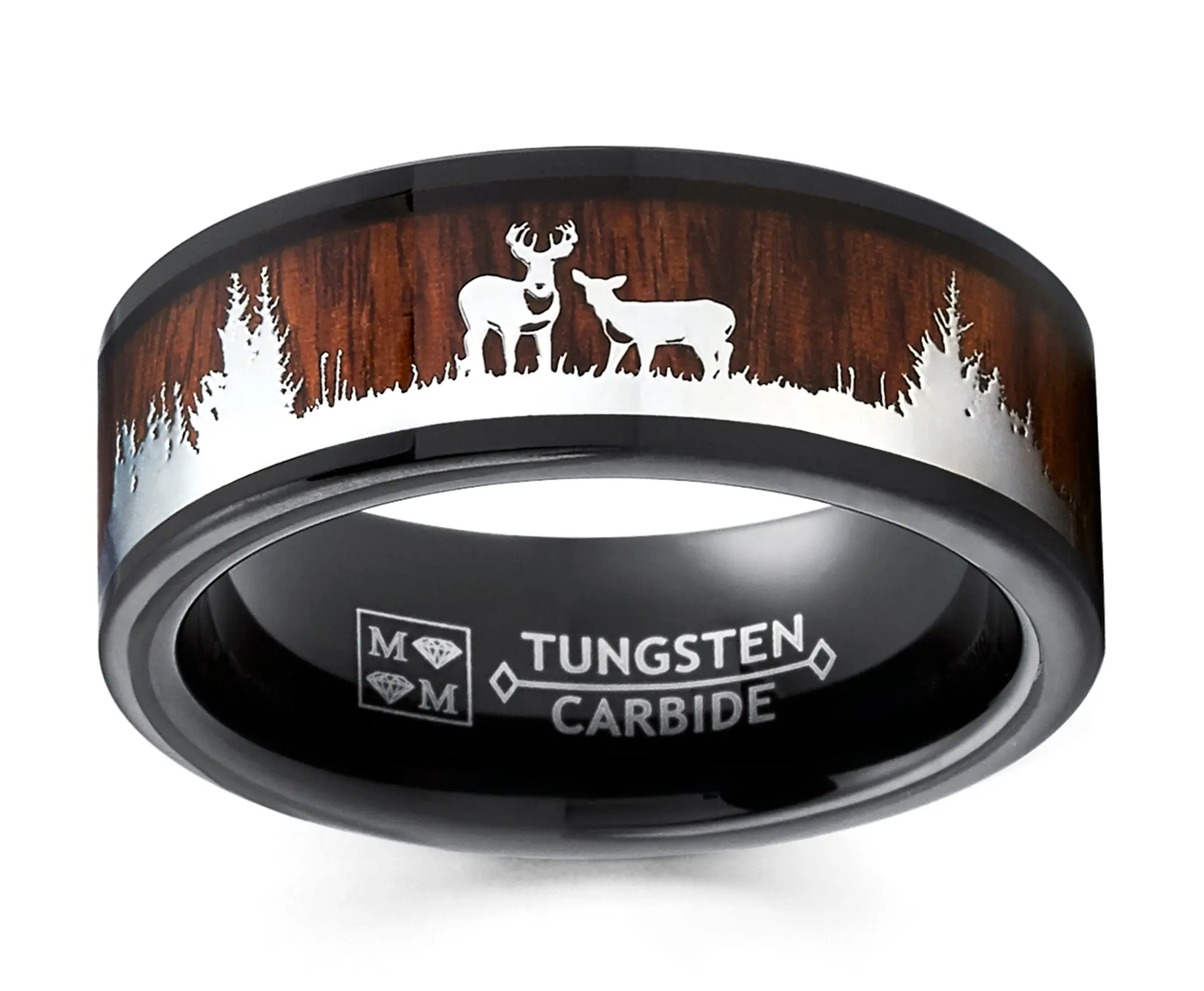Men's 8MM Black Tungsten Carbide Wedding Ring - Deer & Trees Animal Theme Band, High-Polish, Hypoallergenic, Scratch-Resistant, Ideal Gifts for Him for Hunters & Campers, Tungsten Carbide Ring