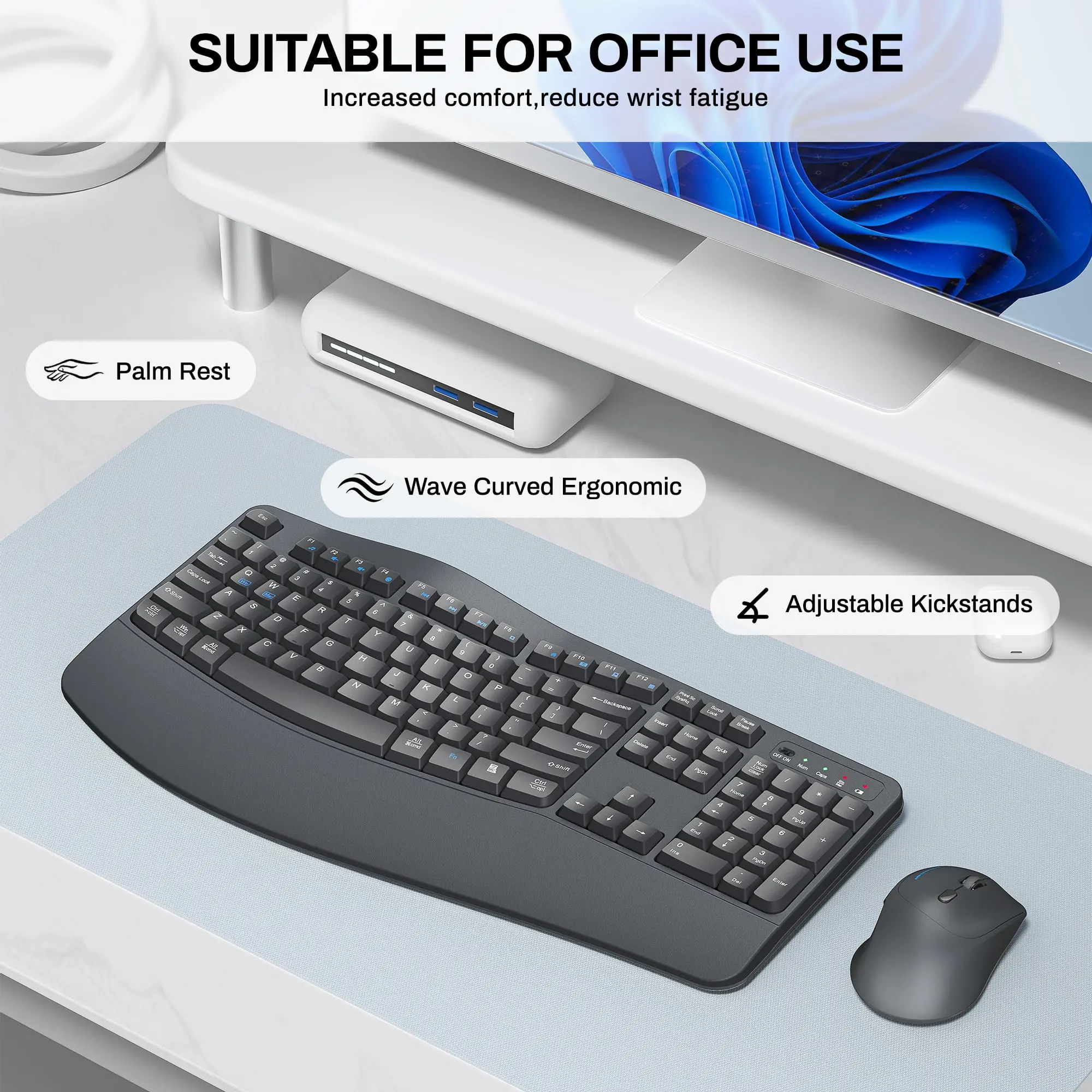 Wireless Keyboard and Mouse Combo, 2.4G Full Size Wave