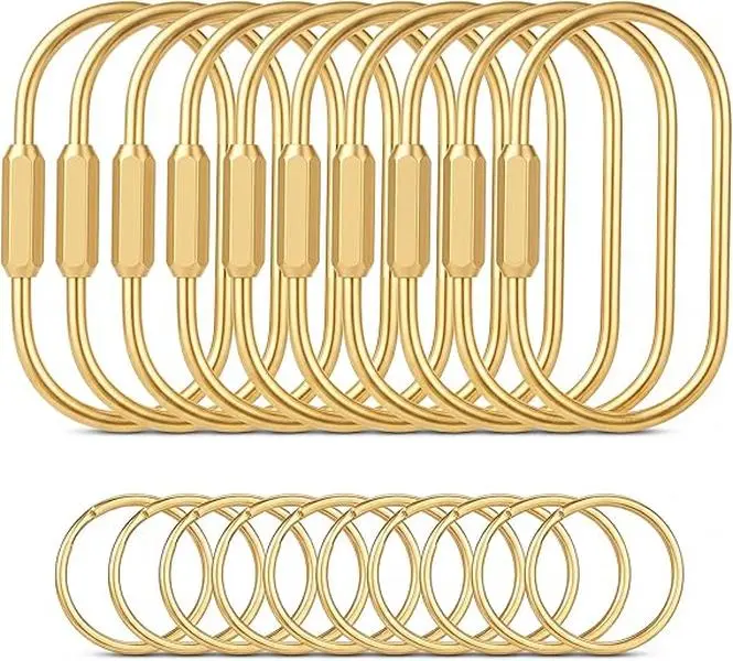 Luxurious 10pcs Gold Brass Key Rings Set - 10 O-Rings, Carabiner Clip, Screw Lock - Everyday House Keys Organizer for DIY Beading Jewelry Making, Compatible with Backpacks, Dolls, Gadgets