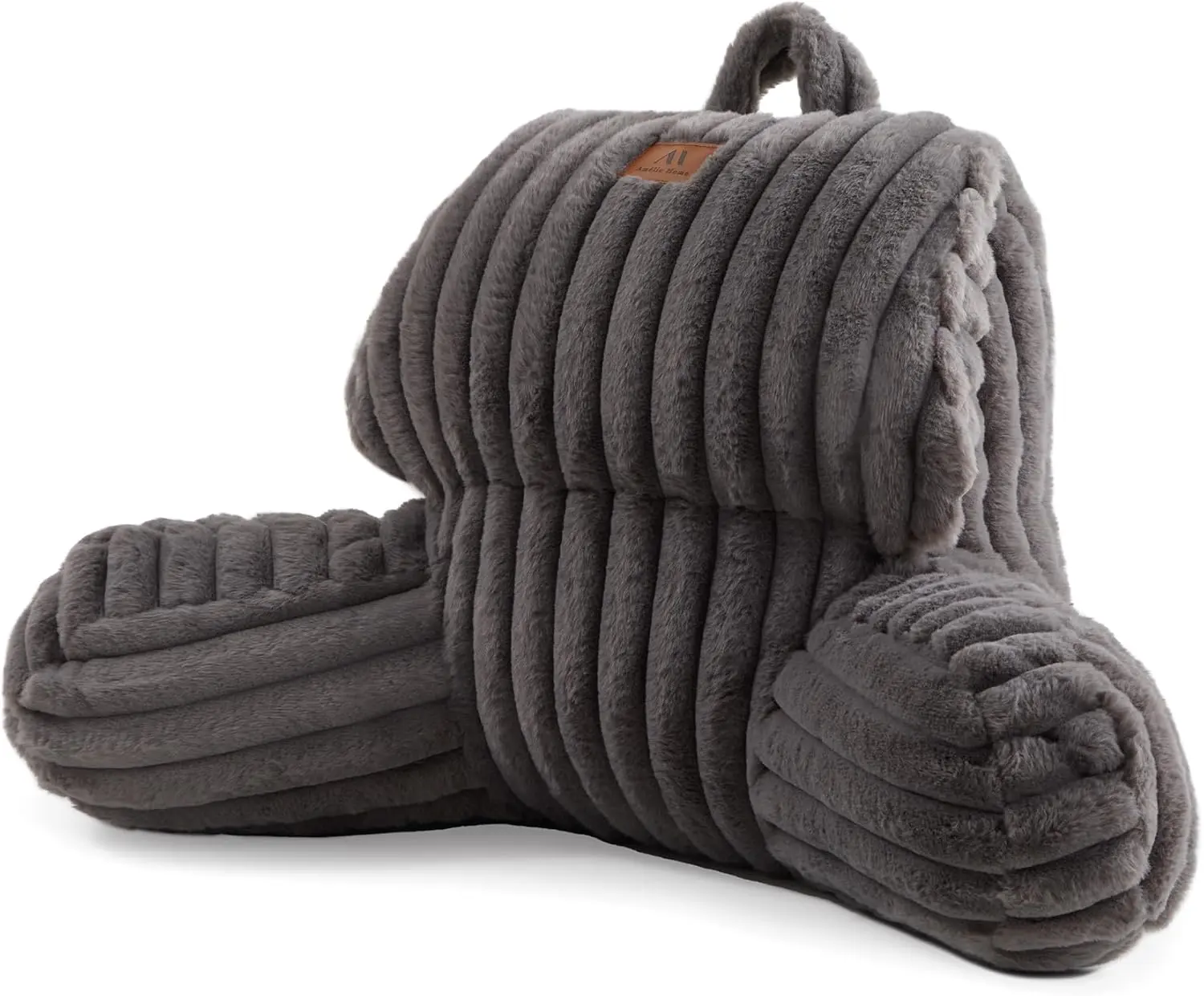 Amélie Home Faux Fur Reading Pillow with Pocket for Sitting in Bed, Kids Backrest Bed Pillow with Washable Cover for Lounging, Watching TV/Reading/Gaming/Resting/Post/Surgery/Nursing, Grey 17 inches