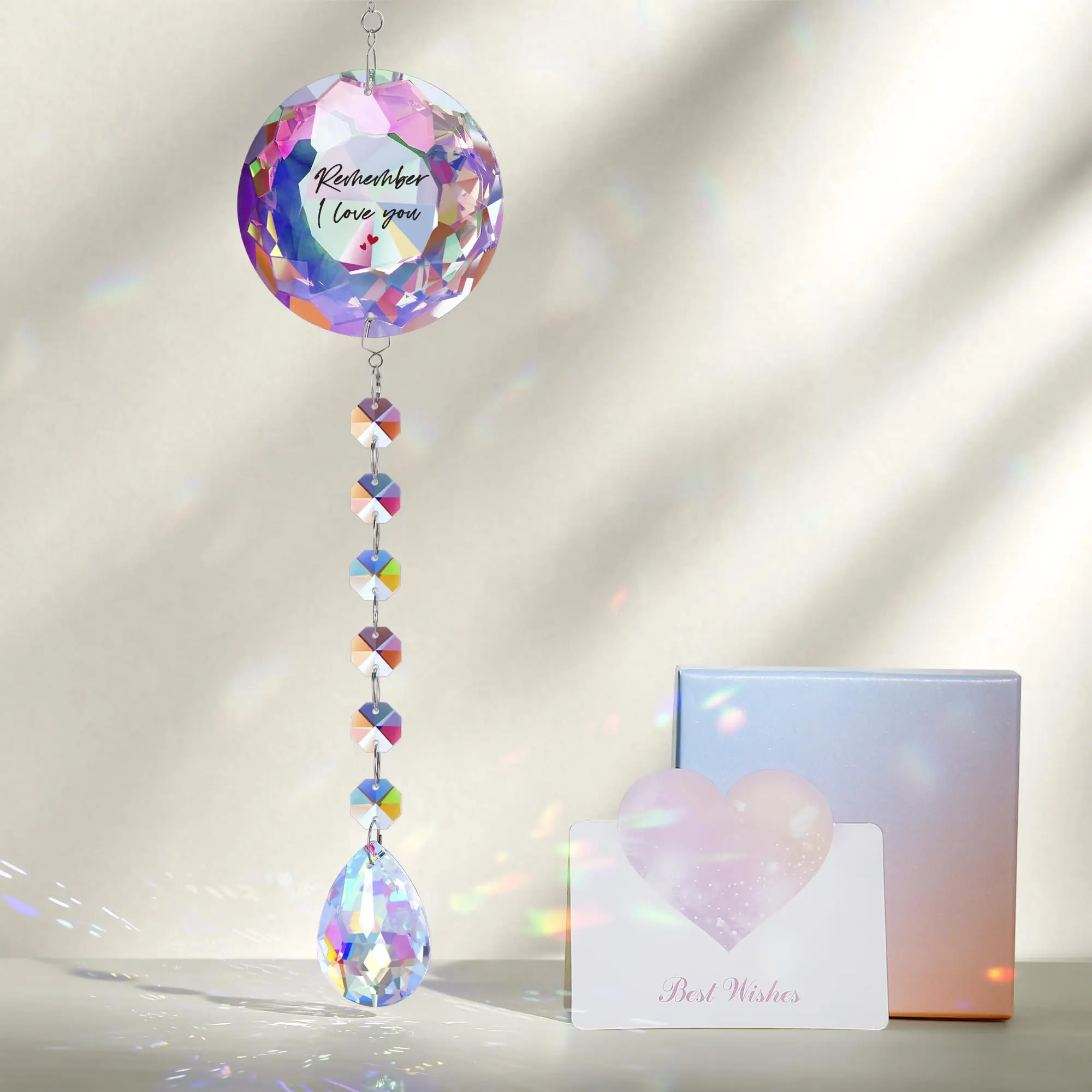 Remember I Love You Crystal Sun Catcher - 22 Inch Hanging Prism Ornament, K9 Crystal Rainbow Decor for Window Garden, Ideal Gifts for Mom Wife Girlfriend on Christmas Birthday Anniversary
