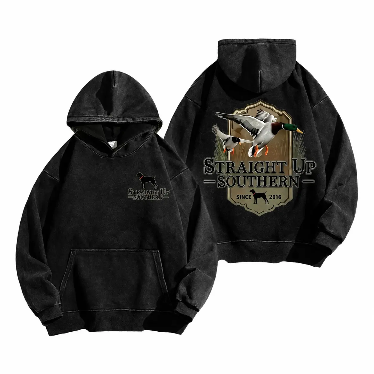 Men’s Vintage Washed Duck Hunting Hoodie, Mallard Graphic Oversized Pullover Sweatshirt, Front & Back Print Southern Outdoor Streetwear, Casual Hunter Hoodie, Hunting Gift for Men