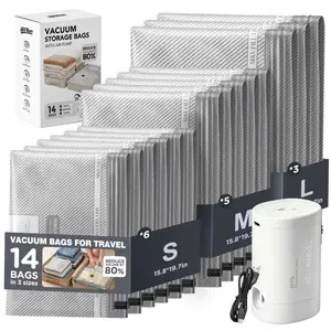 14Pcs Cordless Travel Vacuum Bags for Luggage with Portable Electric Pump 3 Size Packing Seal Bags for Clothing Suitcase Backpack Space Saver Compression Clothes Storage Bags with Rechargeable USB Electric Pump, Vacuum Bags Perfect for Carry-On Suitcases