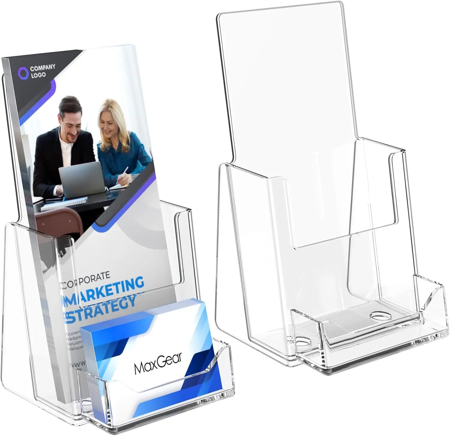 MaxGear Brochure Holder 4x9 inch with Business Card Organizer, Acrylic Literature Display Stand Clear Plastic Flyer Holder Wall Mount or Countertop Use for Pamphlets, Booklets, 2 Pack