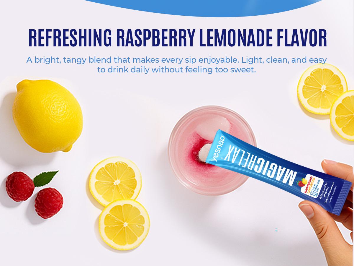 Yesnap MAGICRELAX Calming Sparking Mix with 8-in-1 Magnesium, KSM-66 Ashwagandha, Saffron, Vitamin D3, GABA & L-Theanine Supports Cortisol Balance Mood Sleep 30 Servings, No Sugar, Non GMO, Raspberry Lemonade Flavor