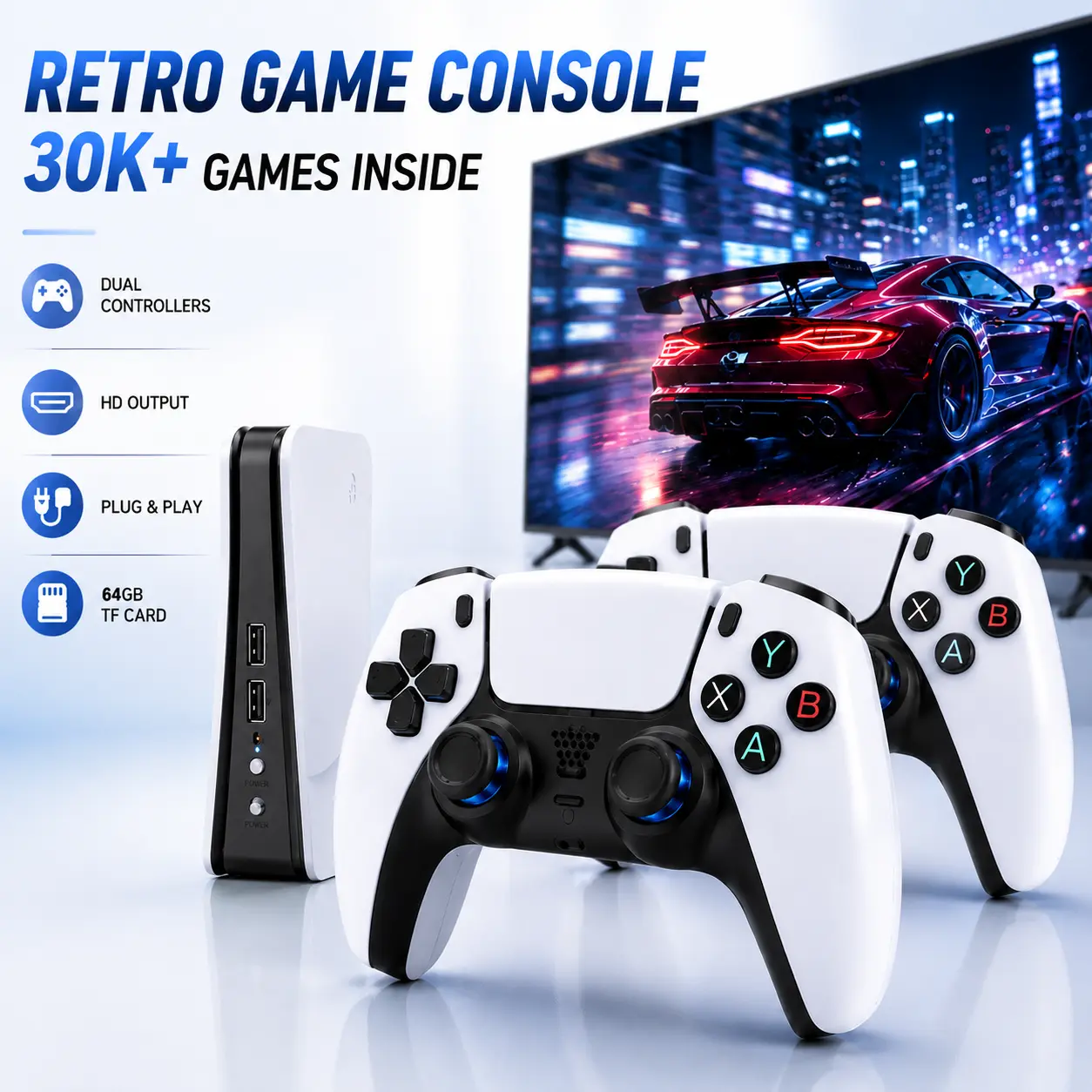 Classic Video Game Console with 2 Wireless Controllers, HDMI HD Output, HDMI Cable, USB Cable, Built-in Games, Plug-and-Play TV-Compatible Home Gaming System