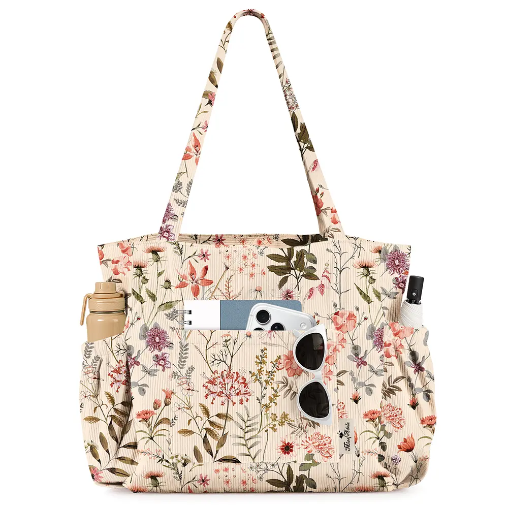Miss Adola Cute Corduroy Tote Bag for Women - Large Capacity Multi-Pocket Shoulder Bag with Zipper, Work Bag, Tote Organizer