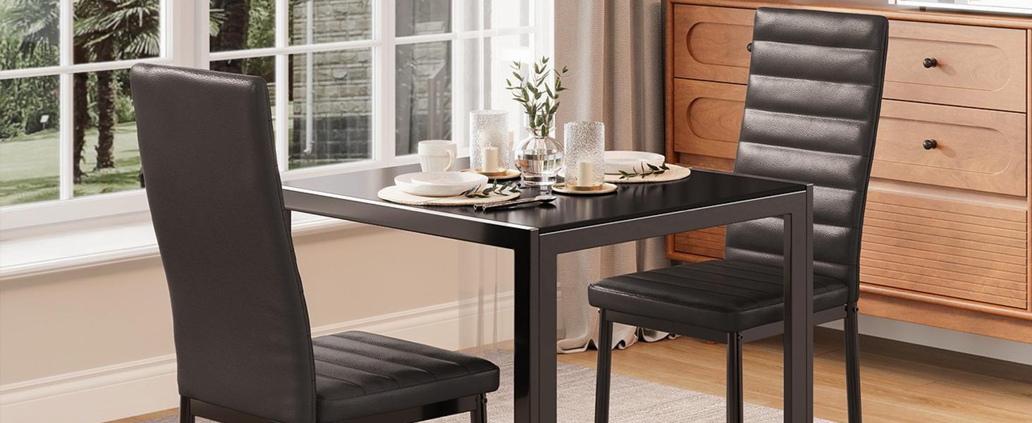 Gizoon 3 Piece Glass Dining Table Set, Kitchen and Chairs for 2, PU Leather Modern Room Sets for Home, Kitchen, Living Room