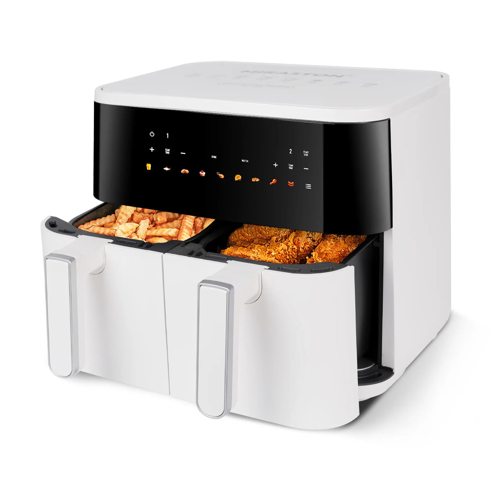 MIRASTON 10QT Dual Basket Air Fryer - Adjustable Temperature Fryer, 8-in-1 Smart Touchscreen, Sync Finish, Dual Zone Control, 2 Separate Nonstick Baskets for Large Families, Aesthetic White Countertop Appliance