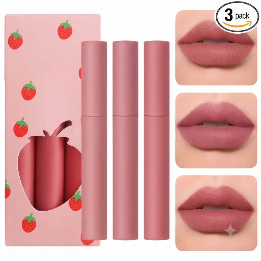 3 Pcs Matte Lipstick for Women, Rose Red Nude Liquid Lipstick Makeup | Velvet Air Moisture Smooth Crayon Lip Stain, Non-Stick Cup Waterproof Long LastingLip Gloss, Up to 24H Wear