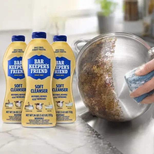 Bar Keepers Friend Soft All-Purpose Cleaner, limescale, calcium buildup, water rings, faucet grime, tile grout, fiberglass tub, glass shower wall, oven door, ceramic cookware, stainless pans, chrome fixtures, gentle scrub, antibacterial, fresh clean