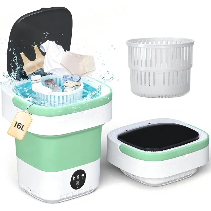 16L Lightweight Hand Washing Clothes Washer - Foldable Portable Compact Living Washer with Spin Basket Wash, 3 Cleaning Modes, 3-Min Power Spin, Advanced Cleaning Tech, 3.6 lbs, Fold to 6" Slim, Ideal for Apartment, Travel (Green)
